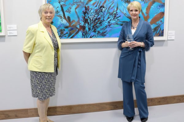 Éanna Ní Lamhna and artist Kathrine Geoghegan at the launch of her exhibition ‘Shifting Sands … a startling evolution’ at Associated Rewinds, Tallaght, September 12th 2020.Mandatory Credit - Maurice Grehan